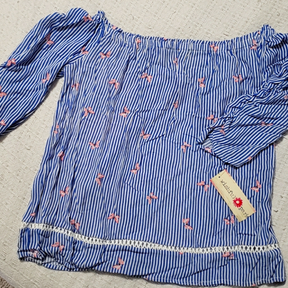 Butterflies and stripes off shoulder top